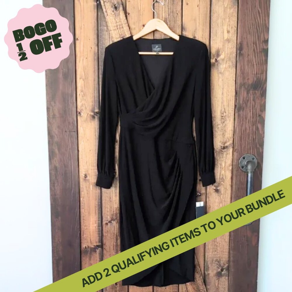 Adrianna Papell Black Long Sleeve Draped Wrap Midi Dress